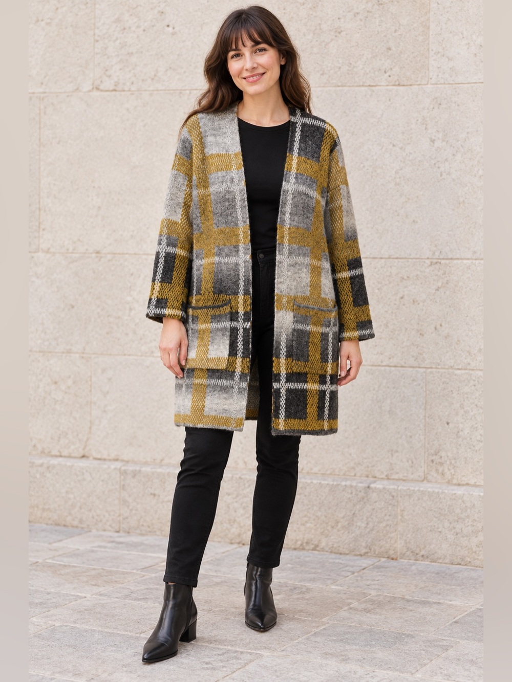 Frank Lyman Womans Plaid Longline Cardigan Mustard Grey Pockets Med Pockets
